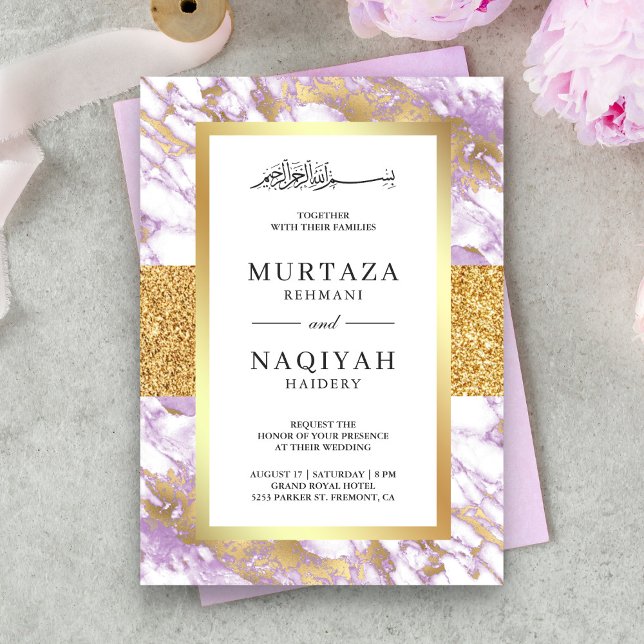 Gold Glitter Pastel Lavender Marble Muslim Wedding Invitation (Creator Uploaded)