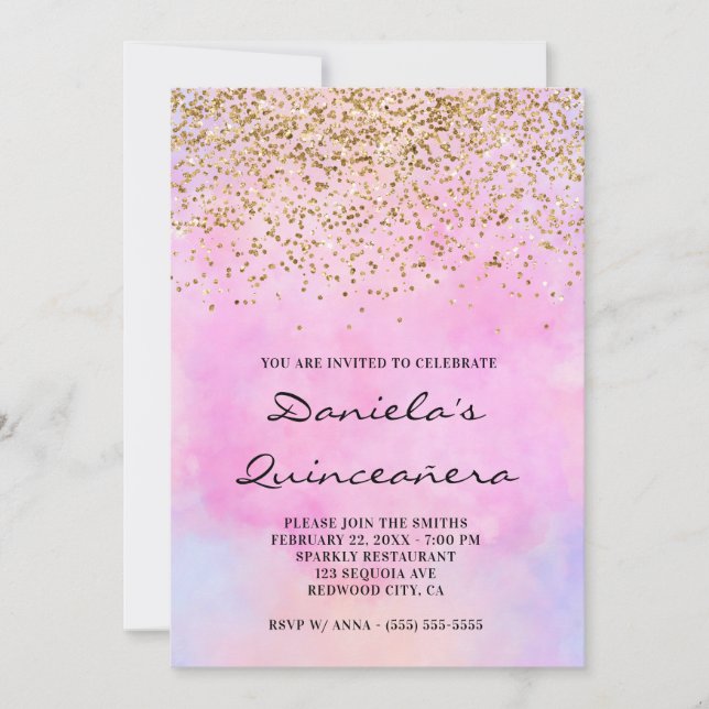 Gold Glitter Pastel Pink Watercolor Quinceañera Invitation (Front)