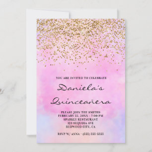 Gold Glitter Pastel Pink Watercolor Quinceañera Invitation