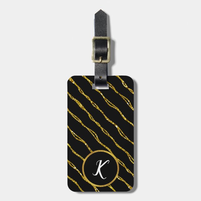 Gold Glitter Pattern and Black Luggage Tag (Front Vertical)