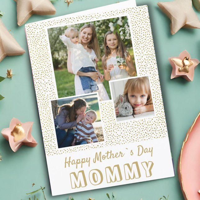 Gold Glitter Pattern Happy Mother`s Day 3 Photo  Card (Creator Uploaded)