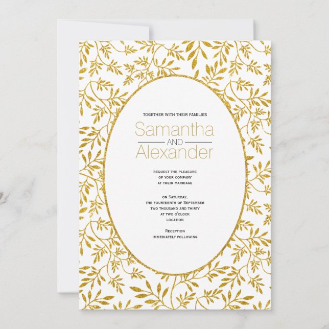 Gold glitter pattern of leaves rectangular wedding invitation (Front)