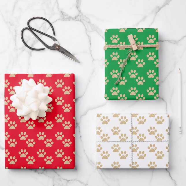 Gold Glitter Paw Prints Pet Lovers Holiday Wrapping Paper Sheet (Front)