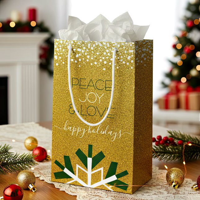 Gold Glitter Peace Joy Love Typography Snowflake Small Gift Bag (Creator Uploaded)