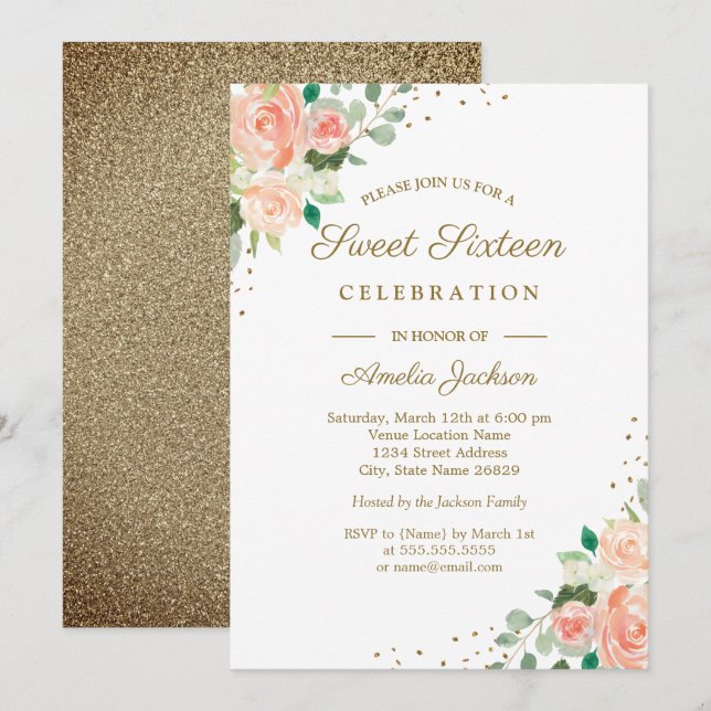 Gold Glitter Peach Floral Sweet Sixteen Invite (Front/Back)