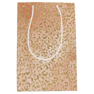 Gold Glitter Peach Rose Leopard Print Medium Gift Bag