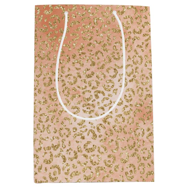Gold Glitter Peach Rose Leopard Print Medium Gift Bag (Front)