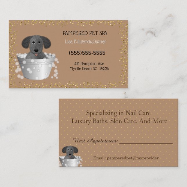 Gold Glitter Pet Bathing and Grooming  Appointment Card (Front/Back)