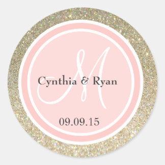 Gold Glitter & Petal Pink Wedding Monogram Classic Round Sticker