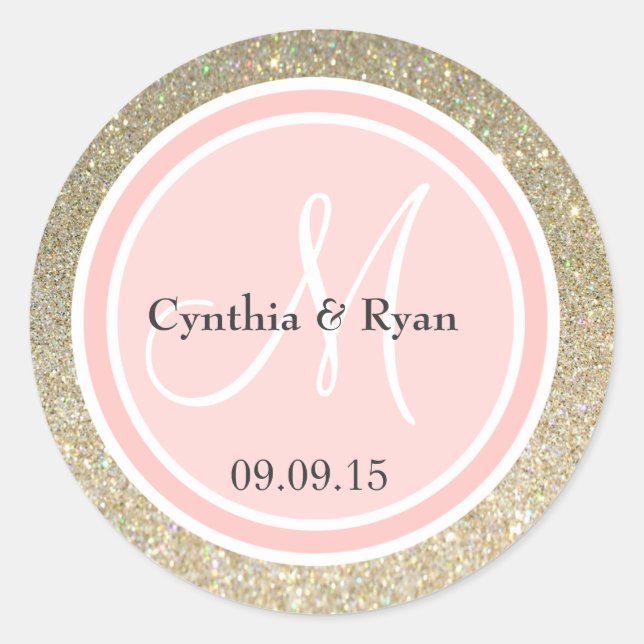 Gold Glitter & Petal Pink Wedding Monogram Classic Round Sticker (Front)