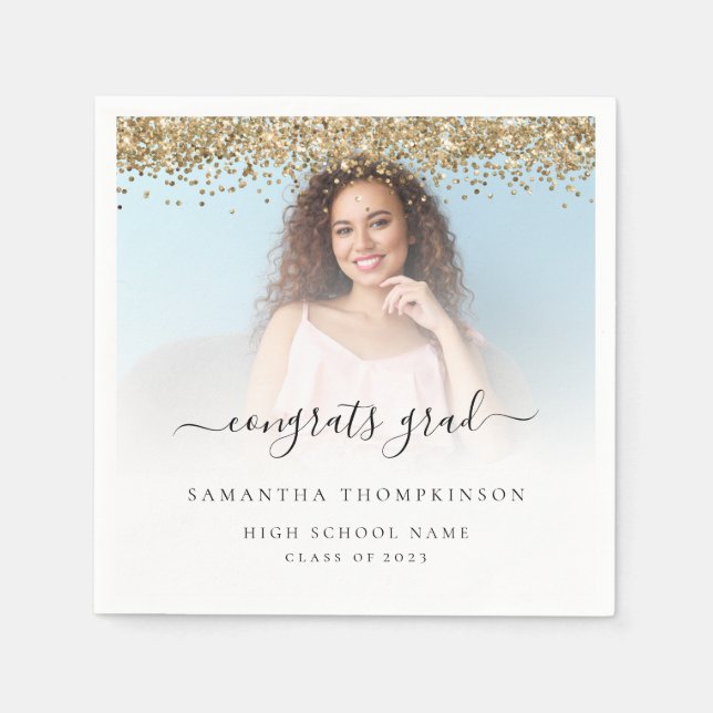 Gold Glitter Photo 2024 Congrats Graduation Napkin (Front)