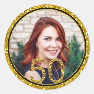 Gold Glitter Photo 50th Birthday Party Favours Classic Round Sticker