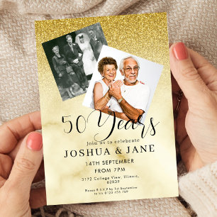 Gold Glitter Photo 50th Wedding Anniversary Invitation