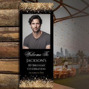 Gold Glitter Photo Any Age Birthday Celebration Retractable Banner