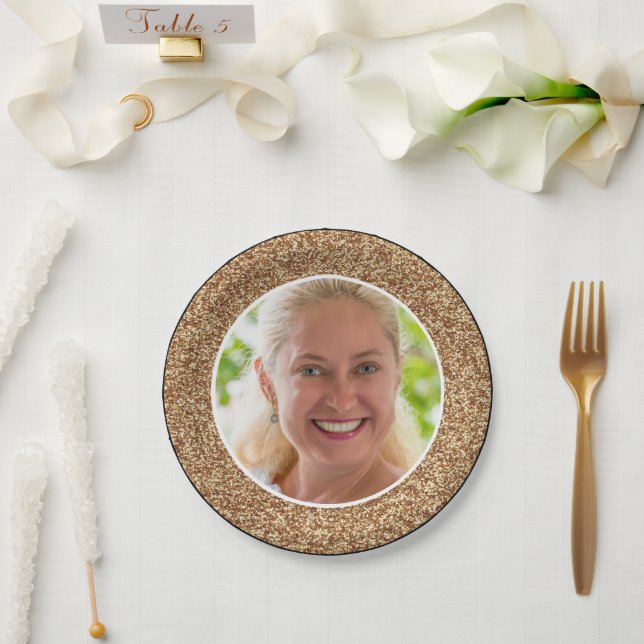 Gold Glitter Photo Birthday Paper Plate (Wedding)
