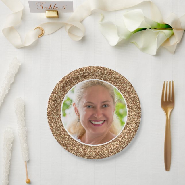 Gold Glitter Photo Birthday  Paper Plate (Wedding)