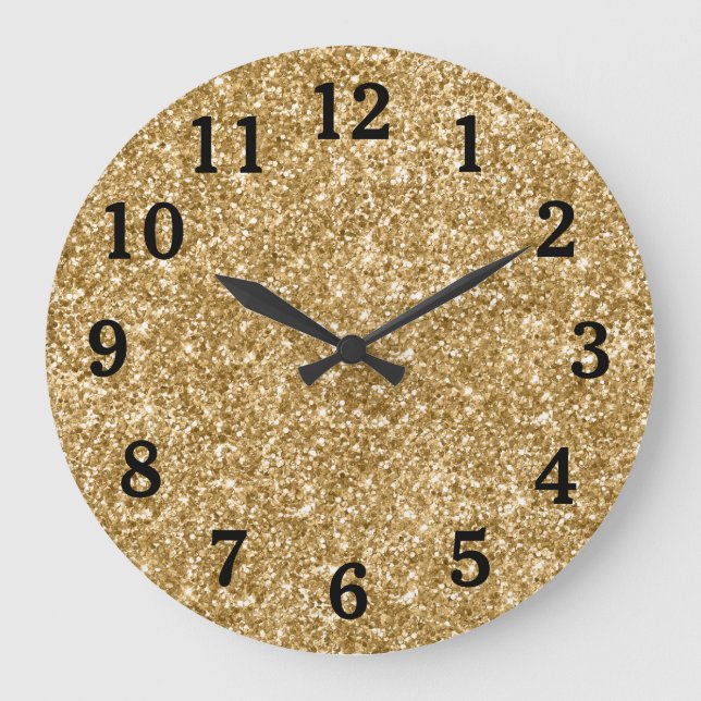 Gold Glitter Photo Black Numbers Large Clock (Front)