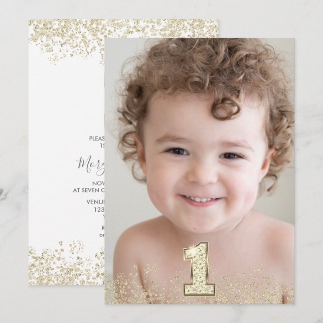 Gold Glitter Photo Boys Girls 1st Birthday Party Invitation (Front/Back)
