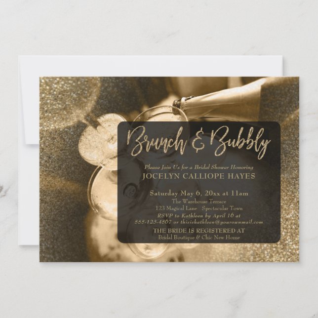 Gold Glitter Photo Brunch & Bubbly Handwriting Invitation (Front)