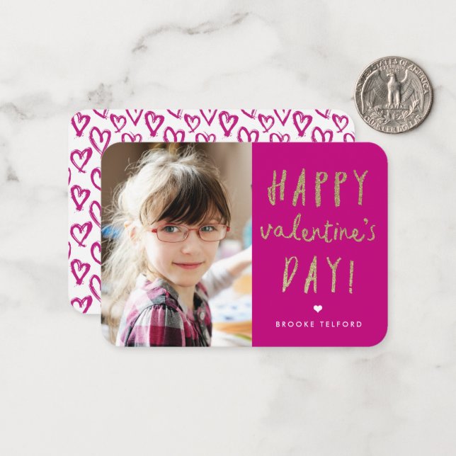 Gold Glitter Photo Classroom Happy Valentine’s Day Card (Front/Back In Situ)