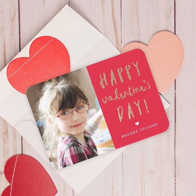 Gold Glitter Photo Classroom Happy Valentine’s Day Note Card (Creator Uploaded)