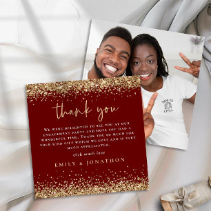 Gold Glitter Photo Engagement Thanks Burgundy Card