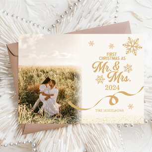 Gold Glitter Photo First Christmas as Mr and Mrs Holiday Card