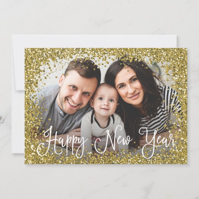 Gold Glitter Photo Frame New Years Photo Card (Front)