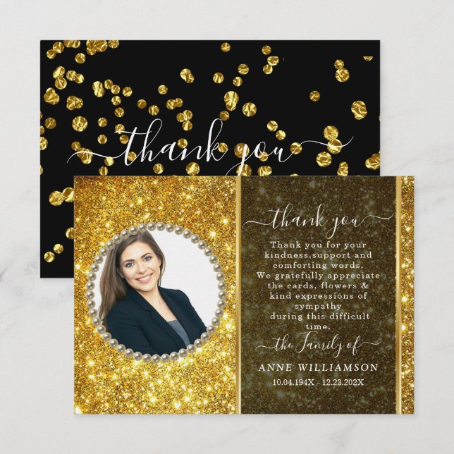 Gold Glitter Photo Funeral Thank You Card (Front/Back)