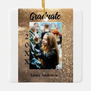Gold glitter photo graduation add name class text ceramic ornament