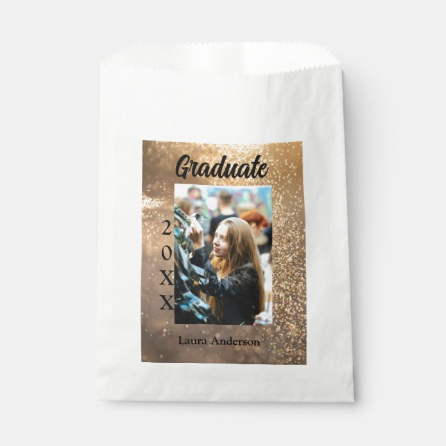 Gold glitter photo graduation add name class text favour bags (Front)