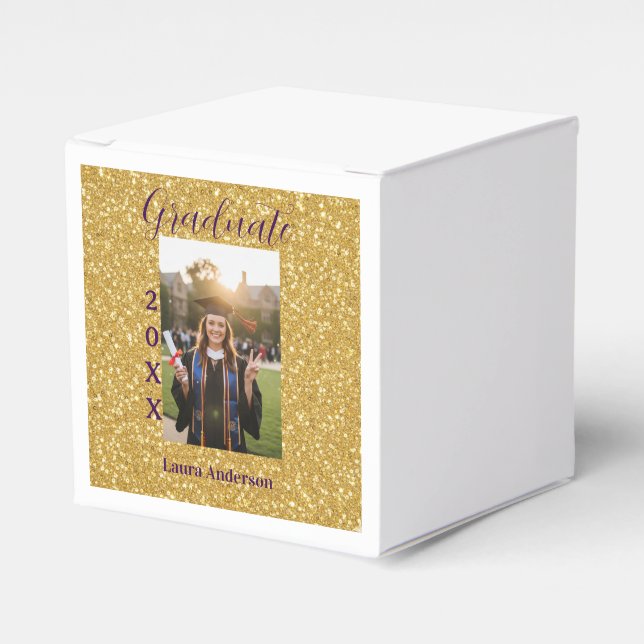 Gold glitter photo graduation add name class text favour box (Front Side)
