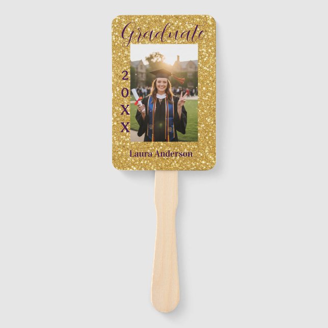 Gold glitter photo graduation add name class text hand fan (Front)