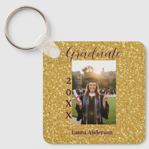 Gold glitter photo graduation add name class text key ring