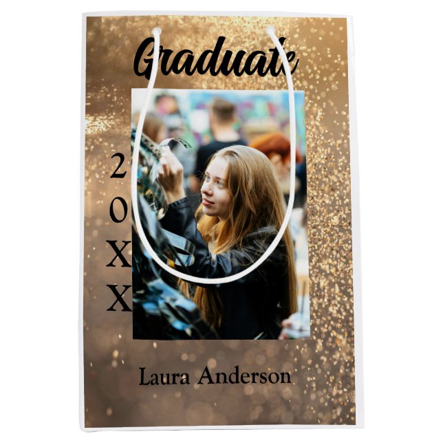 Gold glitter photo graduation add name class text medium gift bag (Front)