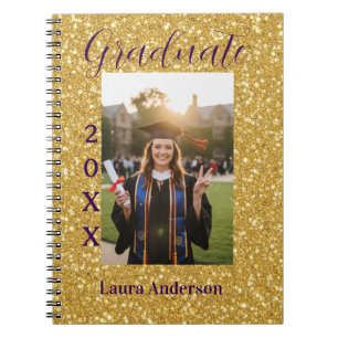 Gold glitter photo graduation add name class text notebook