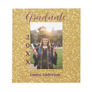 Gold glitter photo graduation add name class text notepad