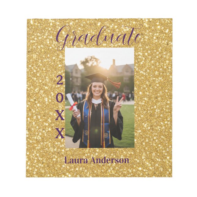 Gold glitter photo graduation add name class text notepad (Front)