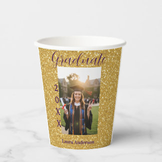 Gold glitter photo graduation add name class text paper cups