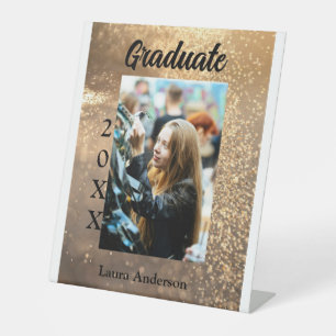 Gold glitter photo graduation add name class text pedestal sign