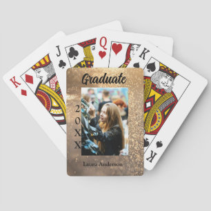 Gold glitter photo graduation add name class text playing cards