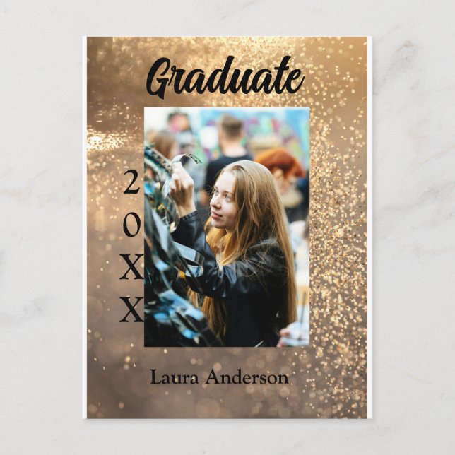 Gold glitter photo graduation add name class text postcard (Front)