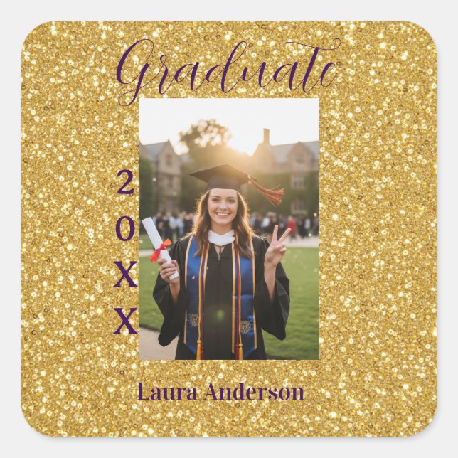 Gold glitter photo graduation add name class text square sticker (Front)