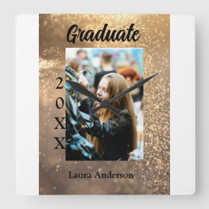 Gold glitter photo graduation add name class text square wall clock