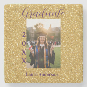 Gold glitter photo graduation add name class text stone coaster