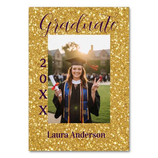 Gold glitter photo graduation add name class text table number (Front)