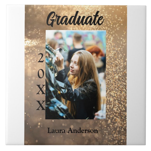 Gold glitter photo graduation add name class text tile (Front)