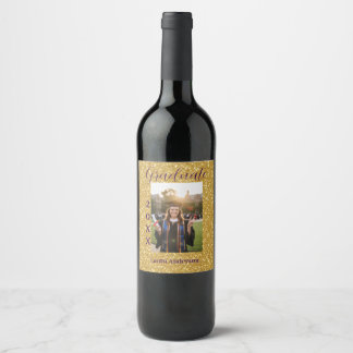 Gold glitter photo graduation add name class text wine label