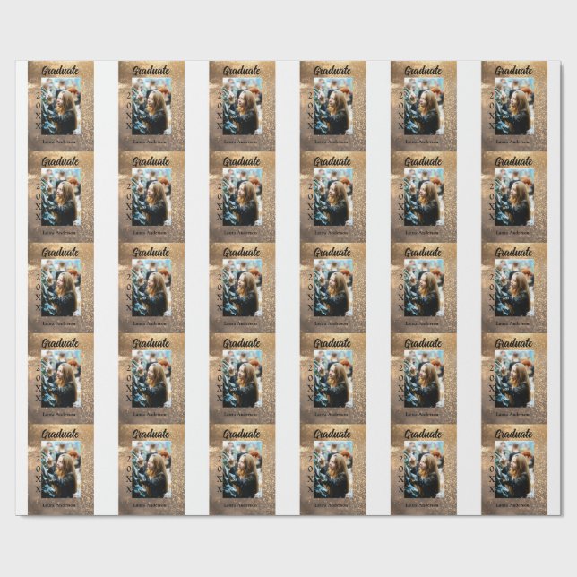 Gold glitter photo graduation add name class text wrapping paper (Flat)
