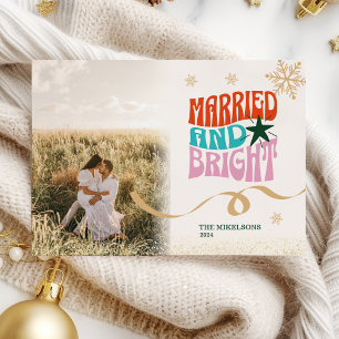 Gold Glitter Photo Married and Bright Newlywed Holiday Card